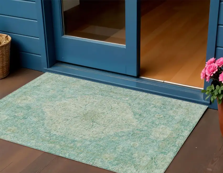 Teal Blue And Beige Oriental Washable Indoor Outdoor Area Rug Photo 2