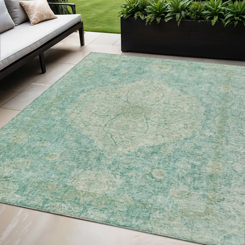 Teal Blue And Beige Oriental Washable Indoor Outdoor Area Rug Photo 2