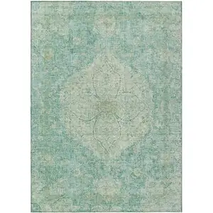 Photo of Teal Blue And Beige Oriental Washable Indoor Outdoor Area Rug