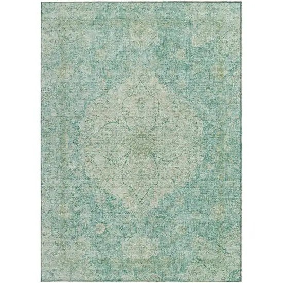 Teal Blue And Beige Oriental Washable Indoor Outdoor Area Rug Photo 3