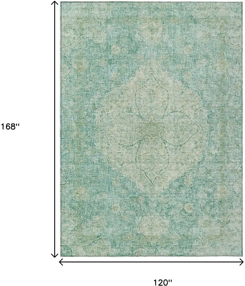 Teal Blue And Beige Oriental Washable Indoor Outdoor Area Rug Photo 9