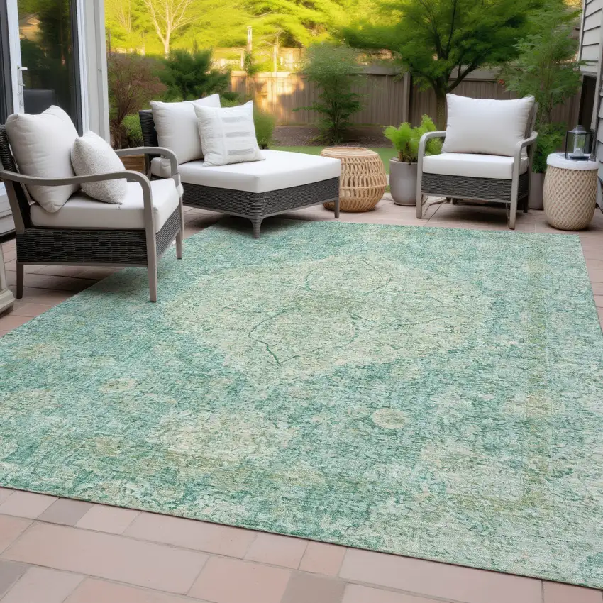 Teal Blue And Beige Oriental Washable Indoor Outdoor Area Rug Photo 8