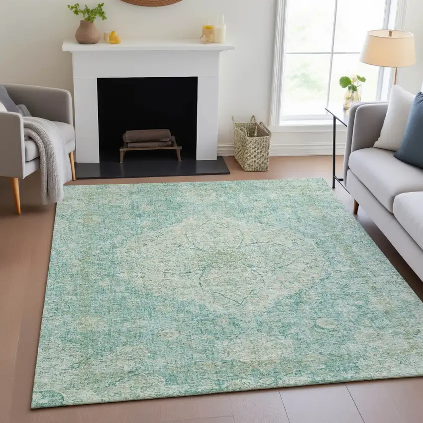 Teal Blue And Beige Oriental Washable Indoor Outdoor Area Rug Photo 6