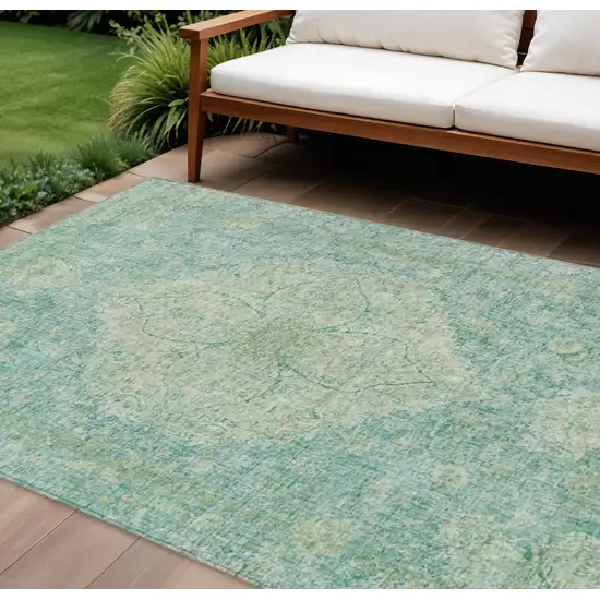 Teal Blue And Beige Oriental Washable Indoor Outdoor Area Rug Photo 2