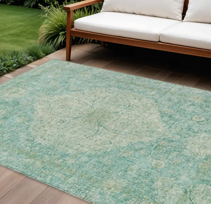 Teal Blue And Beige Oriental Washable Indoor Outdoor Area Rug Photo 2