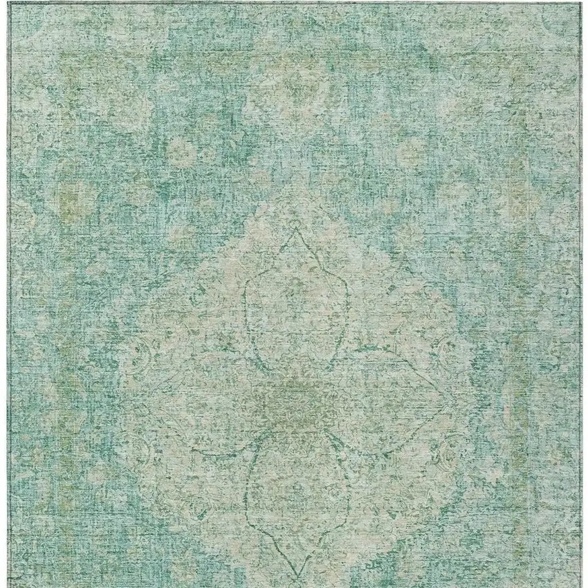 Teal Blue And Beige Oriental Washable Indoor Outdoor Area Rug Photo 4