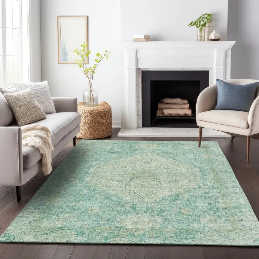 Teal Blue And Beige Oriental Washable Indoor Outdoor Area Rug Photo 7