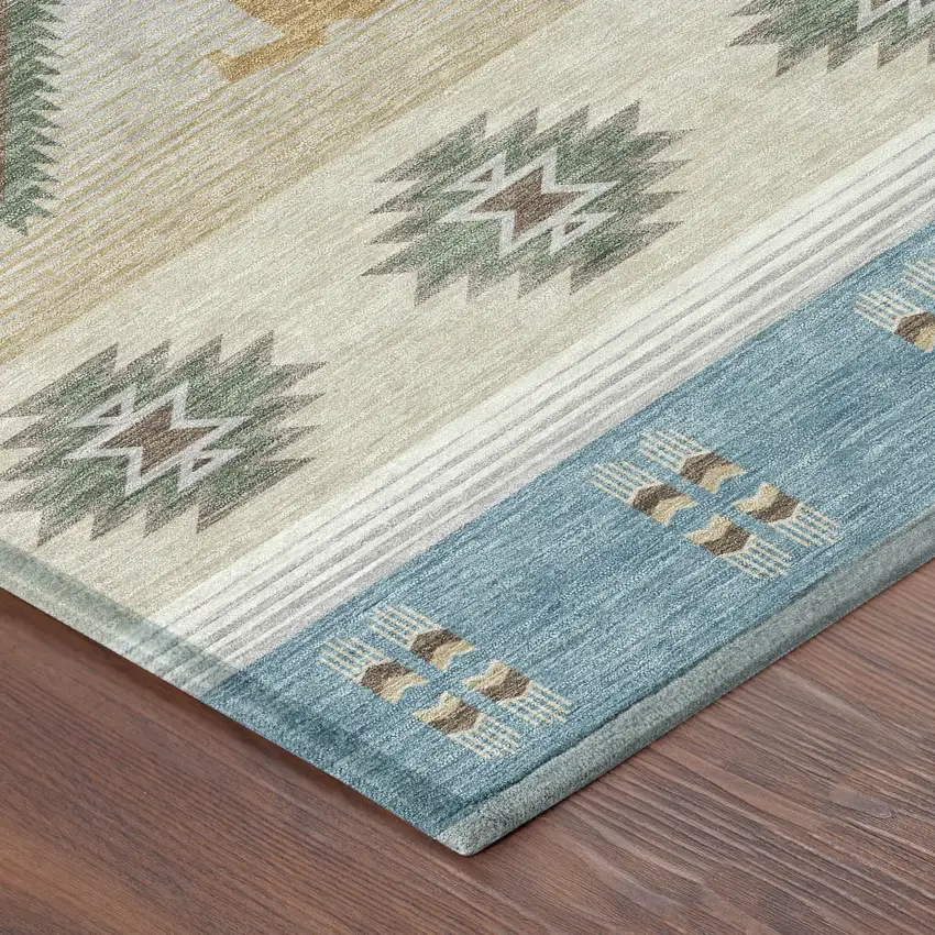 Teal Blue And Beige Southwestern Washable Indoor Outdoor Area Rug Photo 8