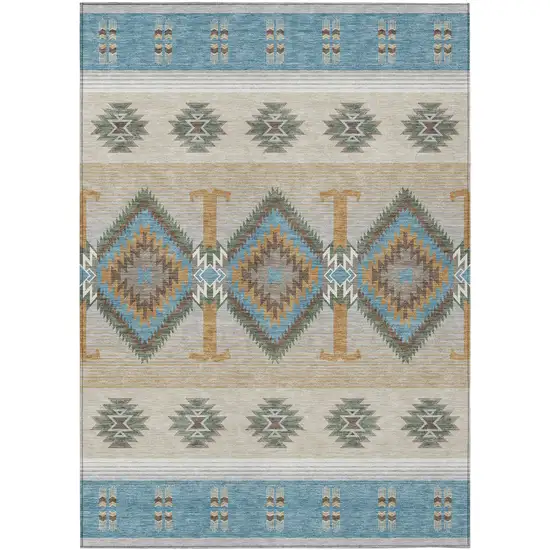 Teal Blue And Beige Southwestern Washable Indoor Outdoor Area Rug Photo 1