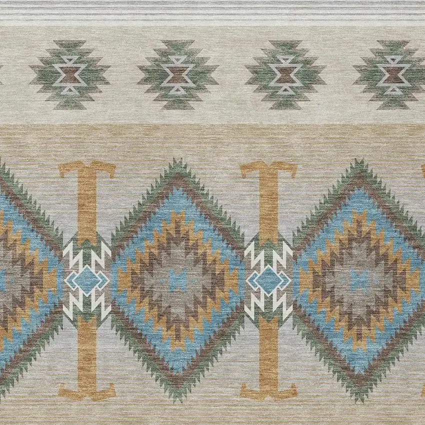 Teal Blue And Beige Southwestern Washable Indoor Outdoor Area Rug Photo 2