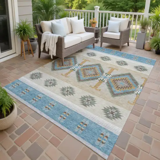 Teal Blue And Beige Southwestern Washable Indoor Outdoor Area Rug Photo 4