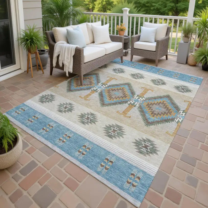 Teal Blue And Beige Southwestern Washable Indoor Outdoor Area Rug Photo 4