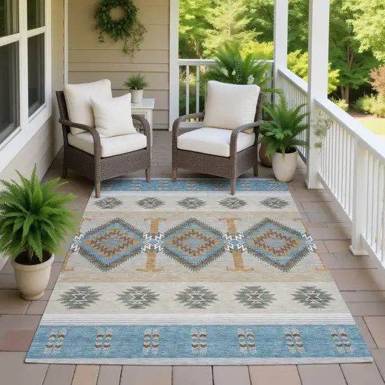 Teal Blue And Beige Southwestern Washable Indoor Outdoor Area Rug Photo 7