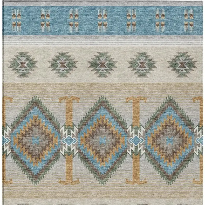 Teal Blue And Beige Southwestern Washable Indoor Outdoor Area Rug Photo 3