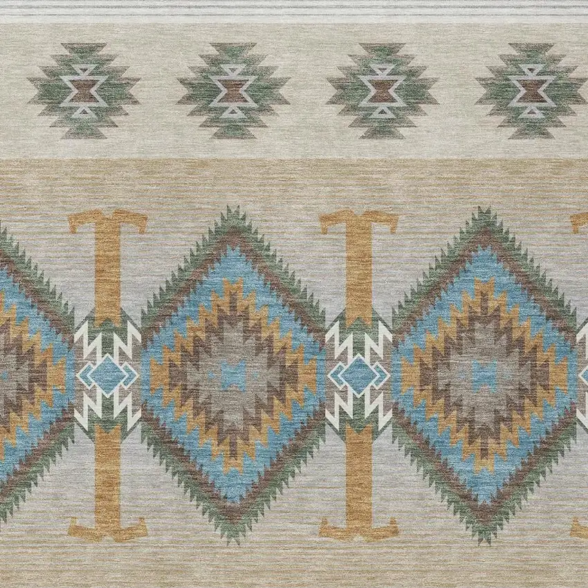 Teal Blue And Beige Southwestern Washable Indoor Outdoor Area Rug Photo 2
