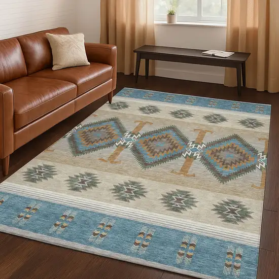 Teal Blue And Beige Southwestern Washable Indoor Outdoor Area Rug Photo 5