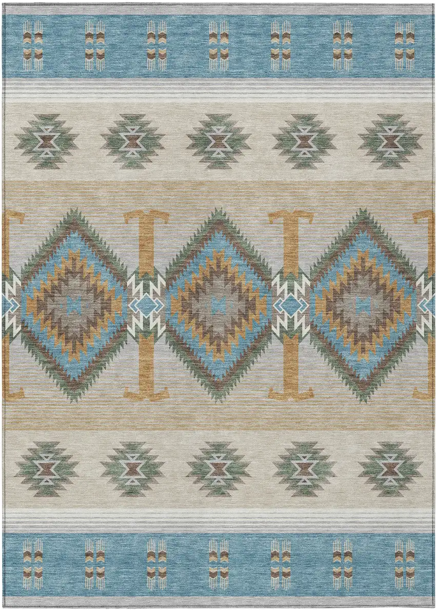 Teal Blue And Beige Southwestern Washable Indoor Outdoor Area Rug Photo 1