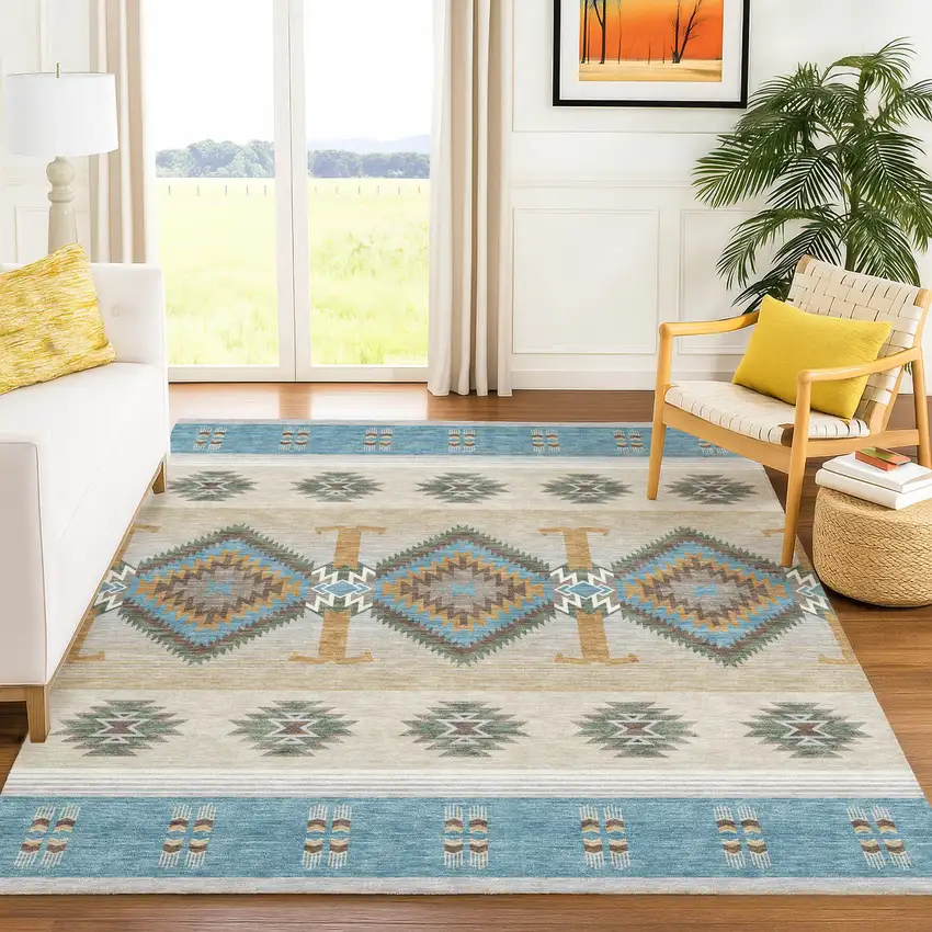 Teal Blue And Beige Southwestern Washable Indoor Outdoor Area Rug Photo 6