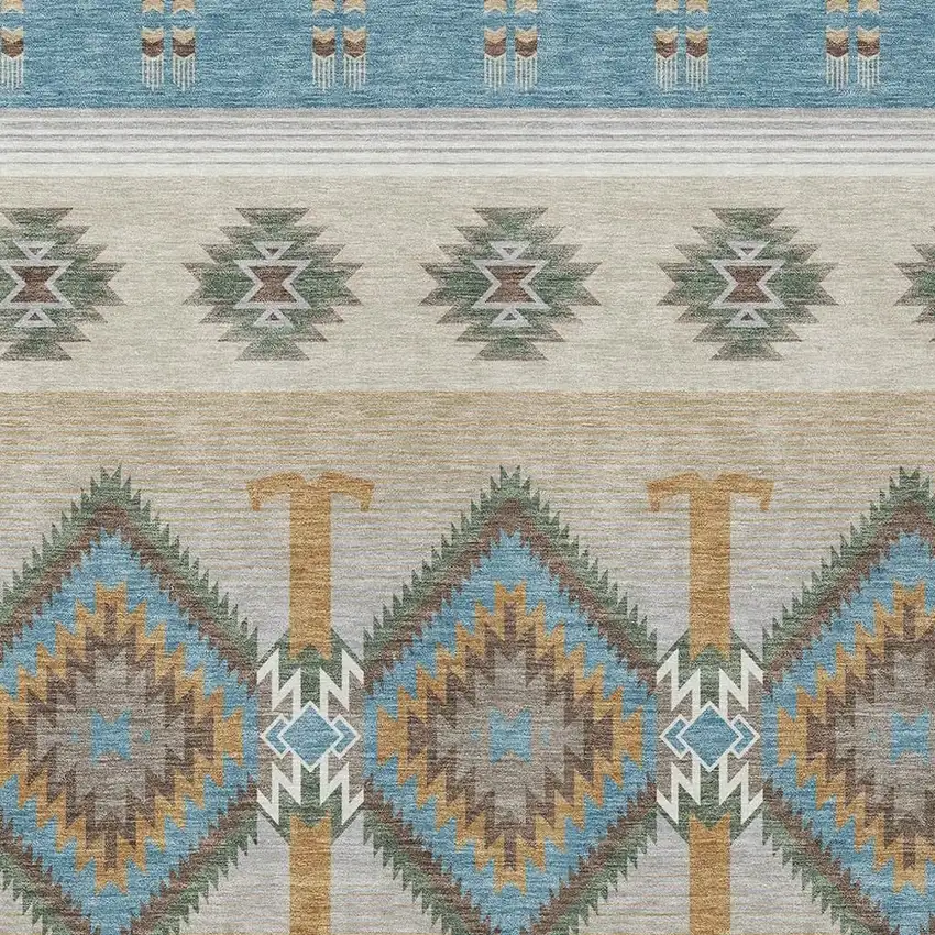 Teal Blue And Beige Southwestern Washable Indoor Outdoor Area Rug Photo 2