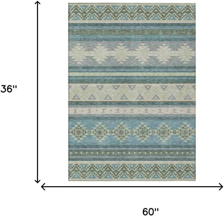 Teal Blue And Beige Southwestern Washable Indoor Outdoor Area Rug Photo 7