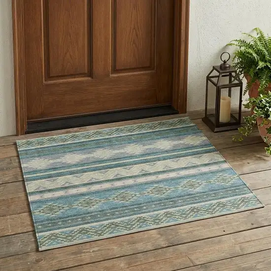 Teal Blue And Beige Southwestern Washable Indoor Outdoor Area Rug Photo 1
