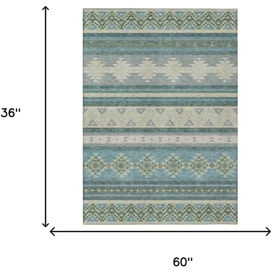 Teal Blue And Beige Southwestern Washable Indoor Outdoor Area Rug Photo 7