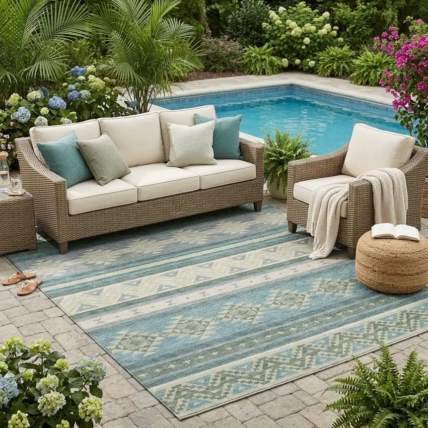 Teal Blue And Beige Southwestern Washable Indoor Outdoor Area Rug Photo 1