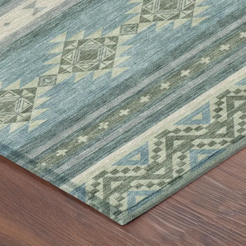 Teal Blue And Beige Southwestern Washable Indoor Outdoor Area Rug Photo 5