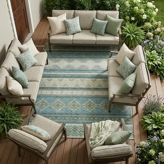 Teal Blue And Beige Southwestern Washable Indoor Outdoor Area Rug Photo 1