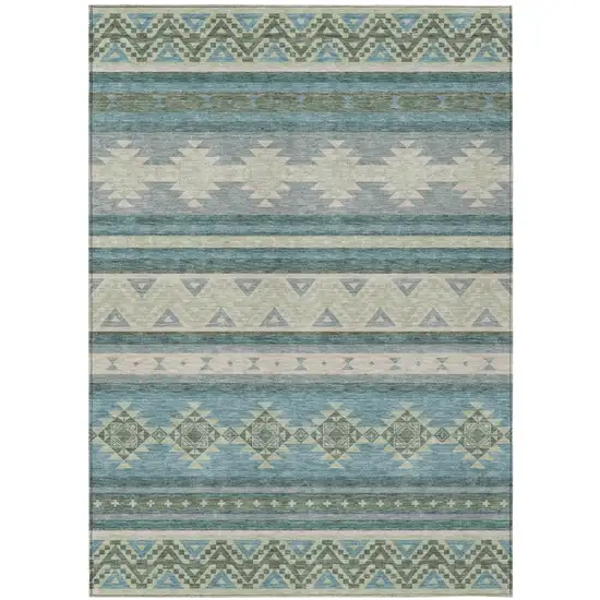 Teal Blue And Beige Southwestern Washable Indoor Outdoor Area Rug Photo 2