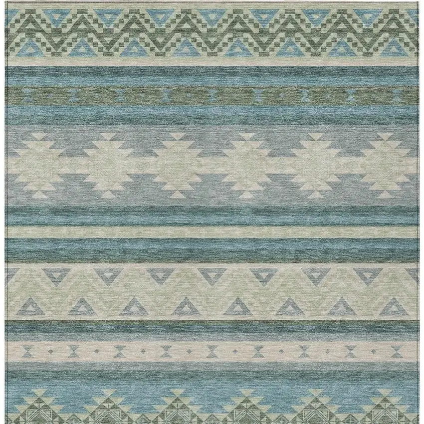 Teal Blue And Beige Southwestern Washable Indoor Outdoor Area Rug Photo 4