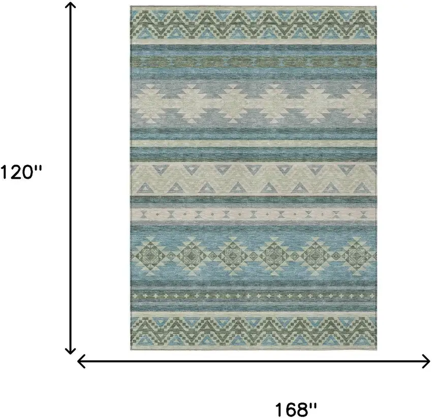 Teal Blue And Beige Southwestern Washable Indoor Outdoor Area Rug Photo 7