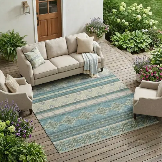 Teal Blue And Beige Southwestern Washable Indoor Outdoor Area Rug Photo 1