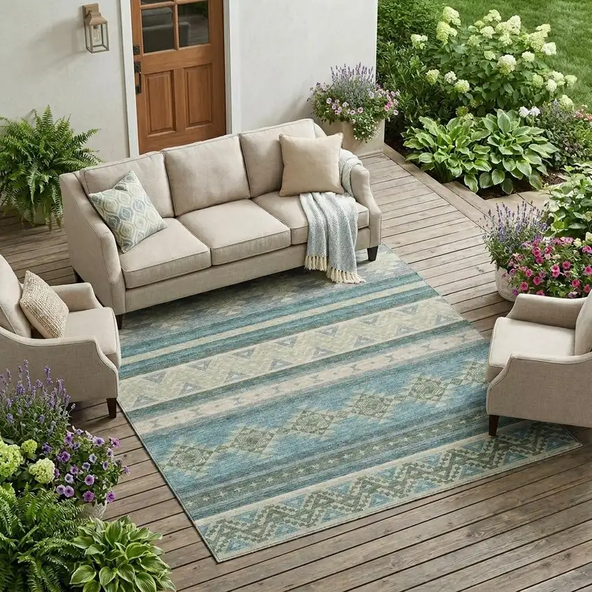 Teal Blue And Beige Southwestern Washable Indoor Outdoor Area Rug Photo 1