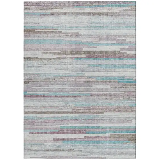 Teal Blue And Beige Striped Washable Indoor Outdoor Area Rug Photo 9
