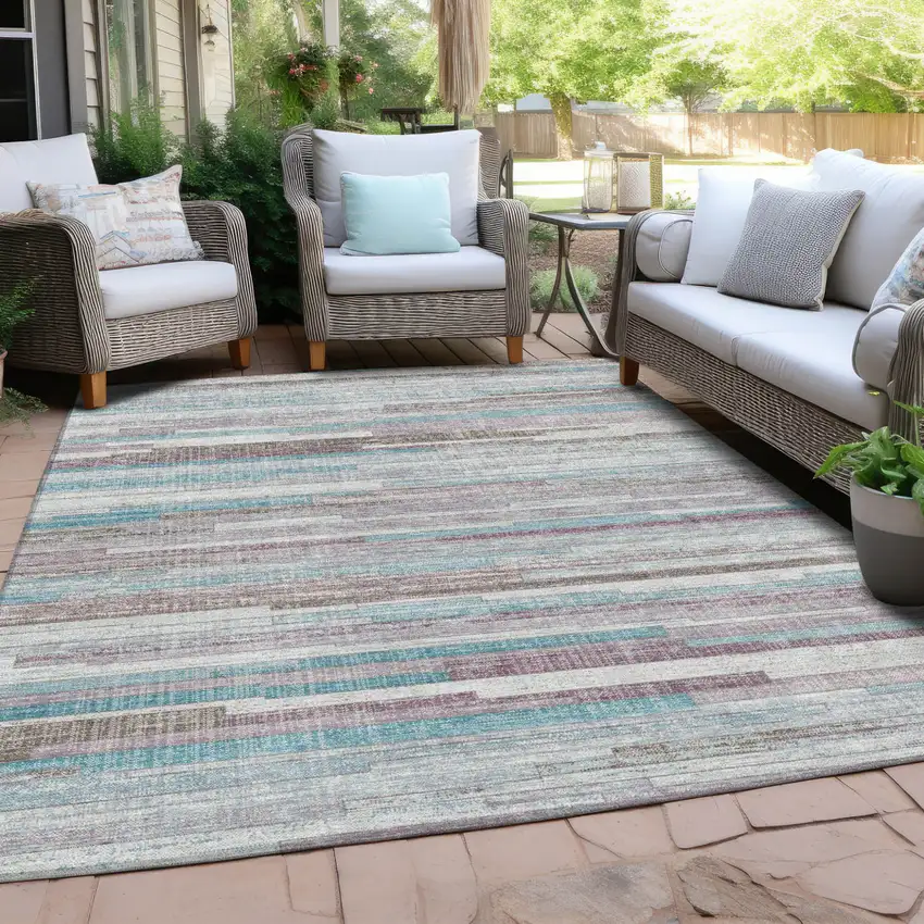 Teal Blue And Beige Striped Washable Indoor Outdoor Area Rug Photo 5