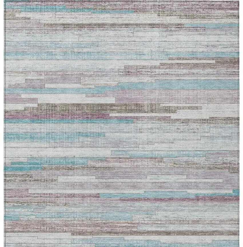 Teal Blue And Beige Striped Washable Indoor Outdoor Area Rug Photo 4
