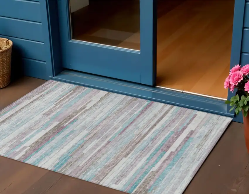 Teal Blue And Beige Striped Washable Indoor Outdoor Area Rug Photo 2