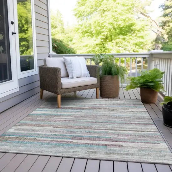 Teal Blue And Beige Striped Washable Indoor Outdoor Area Rug Photo 8