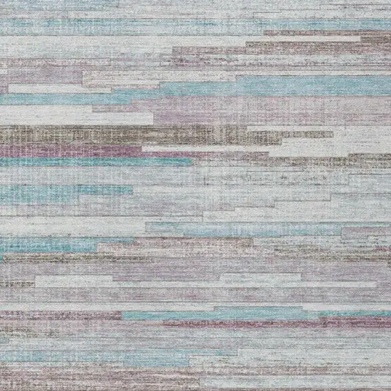 Teal Blue And Beige Striped Washable Indoor Outdoor Area Rug Photo 3