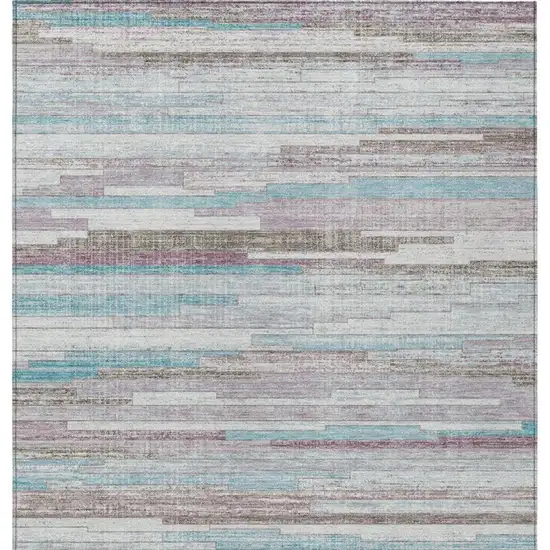 Teal Blue And Beige Striped Washable Indoor Outdoor Area Rug Photo 9