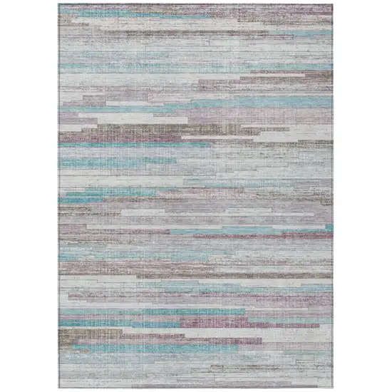Teal Blue And Beige Striped Washable Indoor Outdoor Area Rug Photo 1