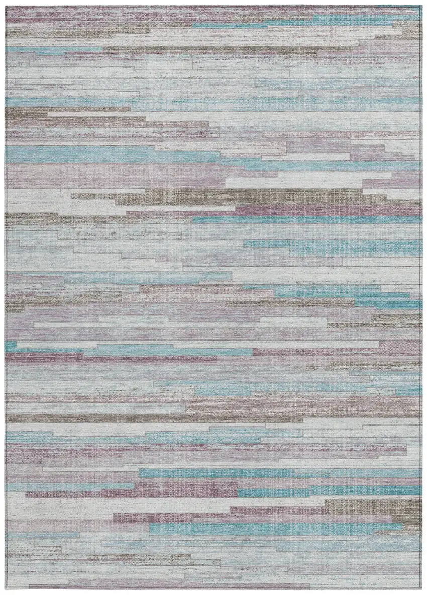 Teal Blue And Beige Striped Washable Indoor Outdoor Area Rug Photo 4