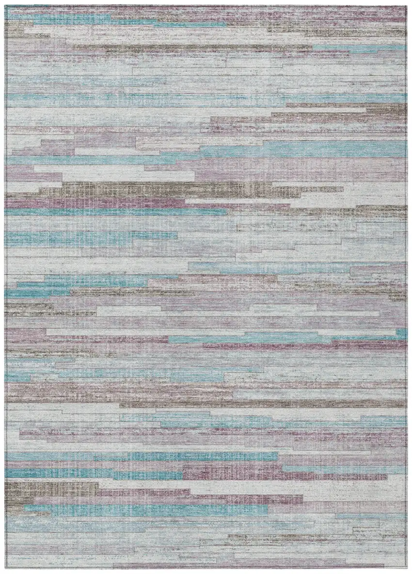 Teal Blue And Beige Striped Washable Indoor Outdoor Area Rug Photo 1