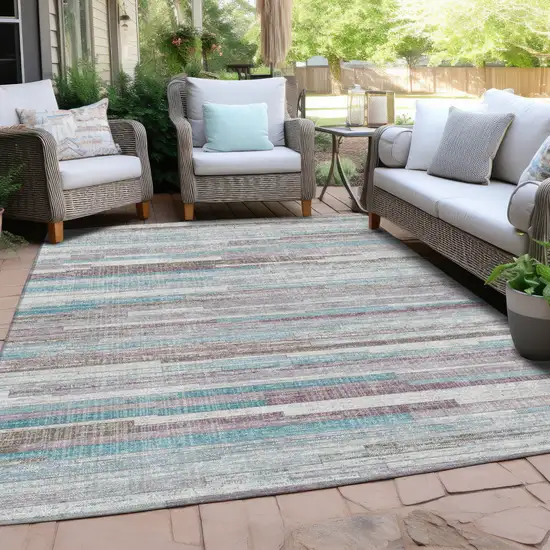 Teal Blue And Beige Striped Washable Indoor Outdoor Area Rug Photo 5