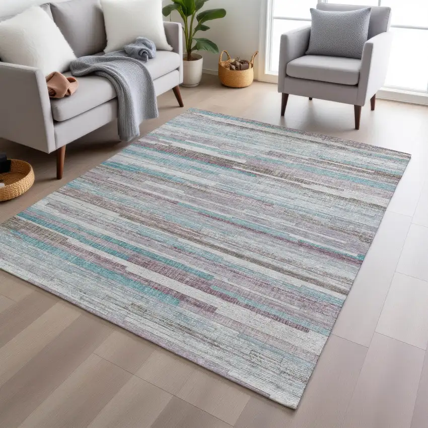 Teal Blue And Beige Striped Washable Indoor Outdoor Area Rug Photo 6