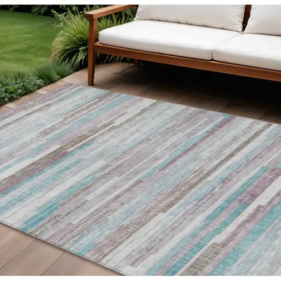 Teal Blue And Beige Striped Washable Indoor Outdoor Area Rug Photo 2