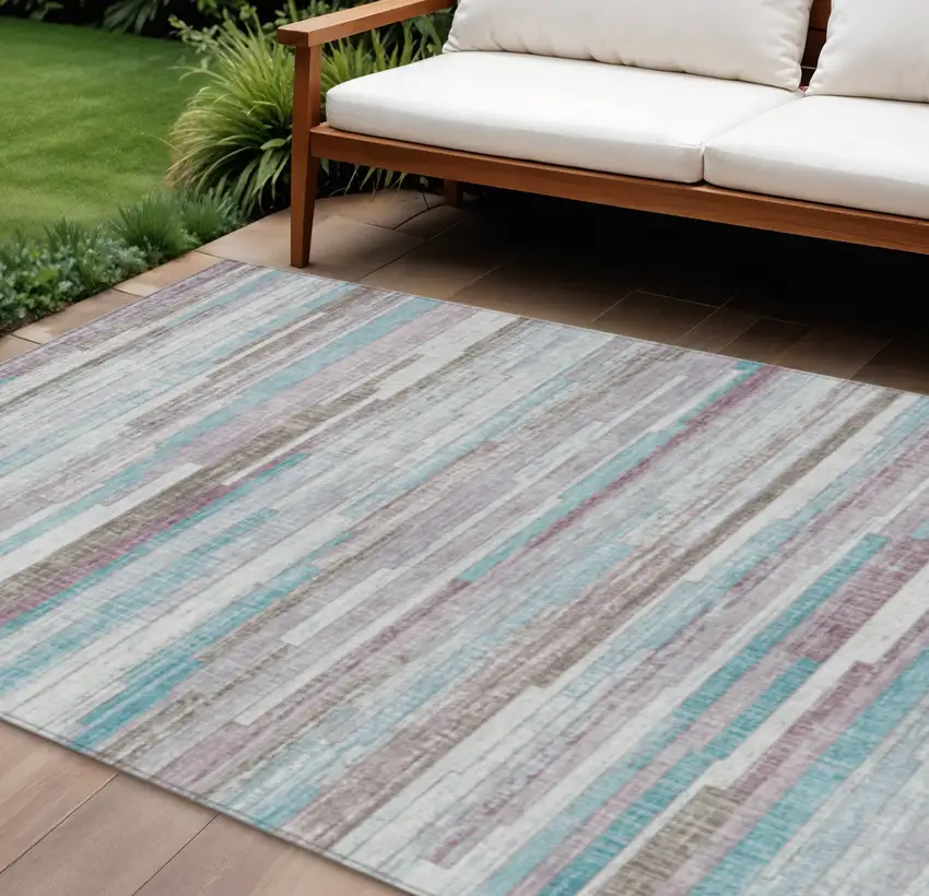 Teal Blue And Beige Striped Washable Indoor Outdoor Area Rug Photo 2