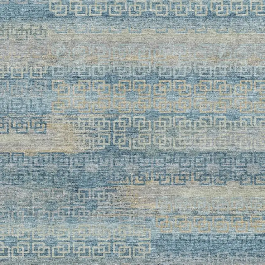 Teal Blue And Beige Striped Washable Indoor Outdoor Area Rug Photo 3