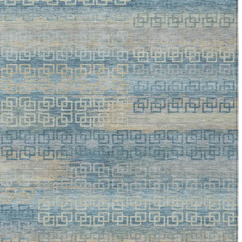 Teal Blue And Beige Striped Washable Indoor Outdoor Area Rug Photo 9